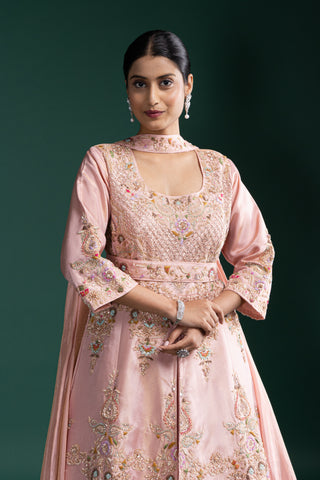 Blush Peach Silk Gown with Heavy Zardozi and Resham Hand Embroidery