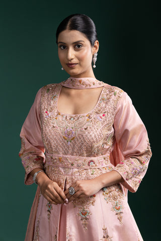 Blush Peach Silk Gown with Heavy Zardozi and Resham Hand Embroidery