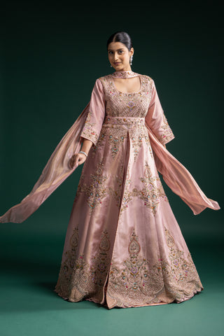 Blush Peach Silk Gown with Heavy Zardozi and Resham Hand Embroidery
