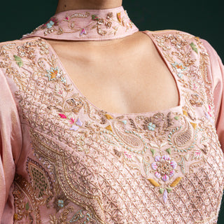 Blush Peach Silk Gown with Heavy Zardozi and Resham Hand Embroidery
