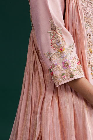 Blush Peach Silk Gown with Heavy Zardozi and Resham Hand Embroidery