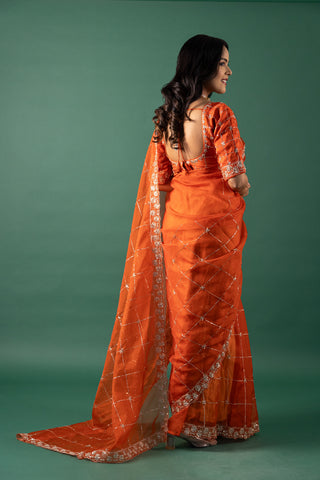 Vibrant Tangerine Organza Saree with Intricate Lattice Embroidery