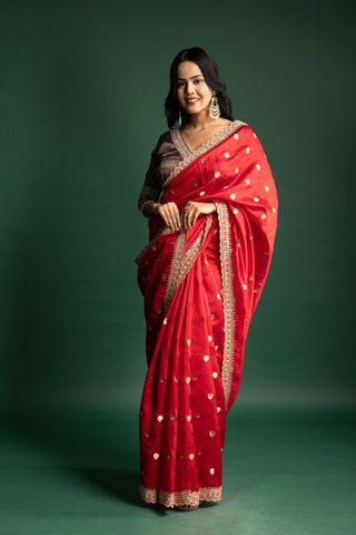 Timeless Ruby Red Silk Saree with Gold Polka Embellishments and Ornate Borders