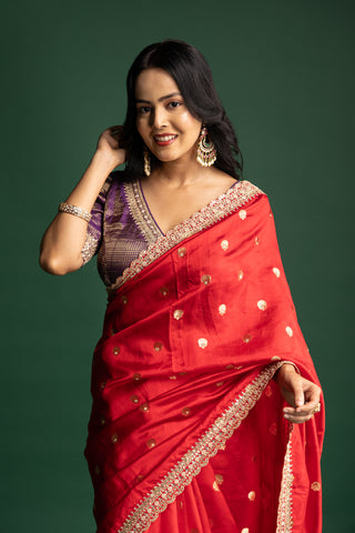 Timeless Ruby Red Silk Saree with Gold Polka Embellishments and Ornate Borders