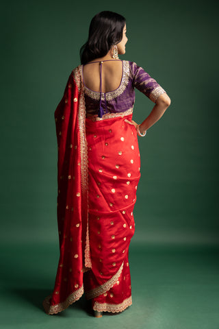 Timeless Ruby Red Silk Saree with Gold Polka Embellishments and Ornate Borders