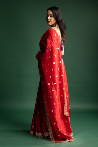 Timeless Ruby Red Silk Saree with Gold Polka Embellishments and Ornate Borders