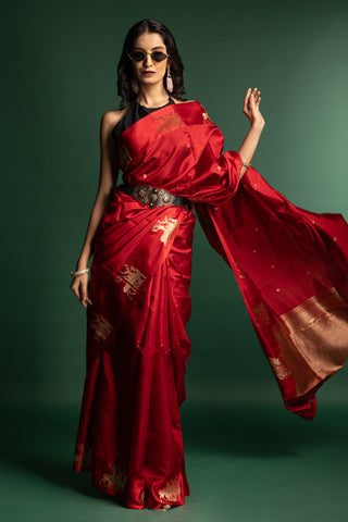Luxurious Vermilion Red Silk Saree with Heritage Gold Motifs