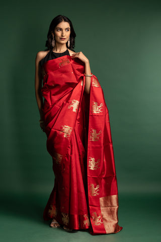 Luxurious Vermilion Red Silk Saree with Heritage Gold Motifs