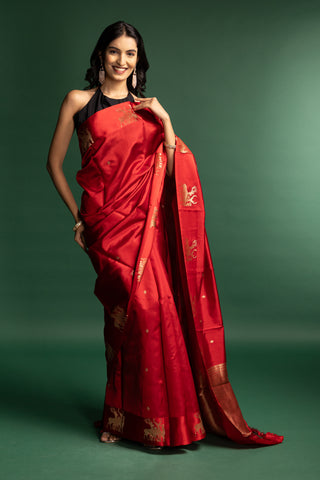 Luxurious Vermilion Red Silk Saree with Heritage Gold Motifs