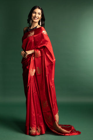 Luxurious Vermilion Red Silk Saree with Heritage Gold Motifs