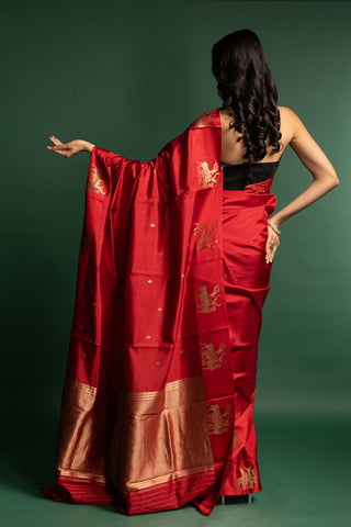 Luxurious Vermilion Red Silk Saree with Heritage Gold Motifs