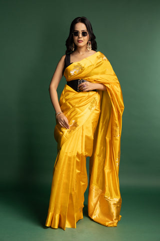 Modern Saffron Yellow Silk Saree
