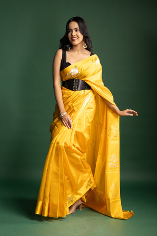Modern Saffron Yellow Silk Saree