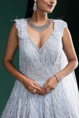 Silver Grey Sleeveless Gown with Sequins and Net Dupatta