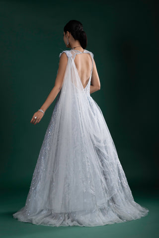 Silver Grey Sleeveless Gown with Sequins and Net Dupatta