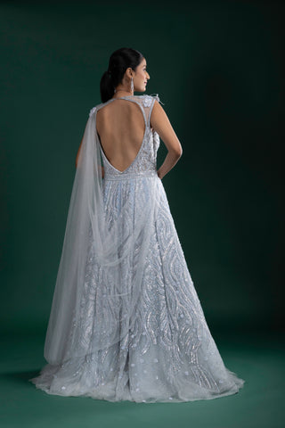 Silver Grey Sleeveless Gown with Sequins and Net Dupatta
