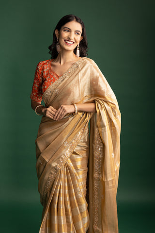 Elegant Champagne Gold Silk Saree with Subtle Metallic Checks and Floral Embellishments