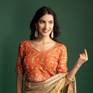 Elegant Champagne Gold Silk Saree with Subtle Metallic Checks and Floral Embellishments