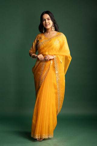 Mustard Yellow Organza Saree with gota patti work