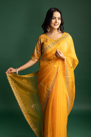 Mustard Yellow Organza Saree with gota patti work