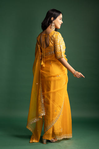 Mustard Yellow Organza Saree with gota patti work