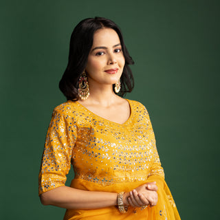 Mustard Yellow Organza Saree with gota patti work