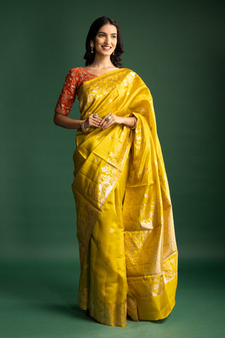 Luminous Golden Marigold Silk Saree with Intricate Heritage Zari Weaving