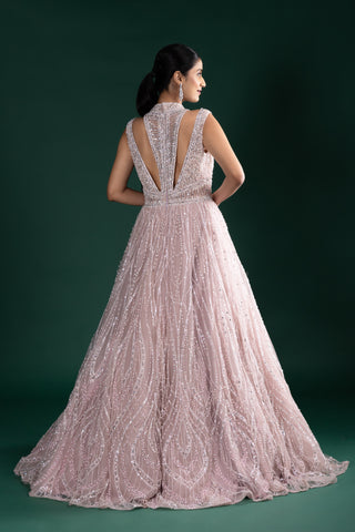 Blush Pink Gown with Shimmering Silver Embroidery