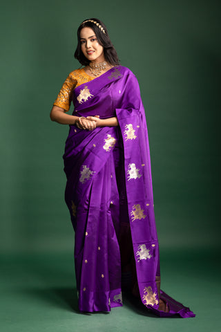 Majestic Amethyst Purple Silk Saree with Traditional Golden Art Motifs