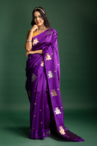 Majestic Amethyst Purple Silk Saree with Traditional Golden Art Motifs
