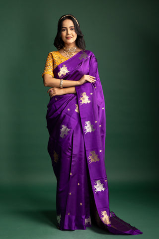 Majestic Amethyst Purple Silk Saree with Traditional Golden Art Motifs