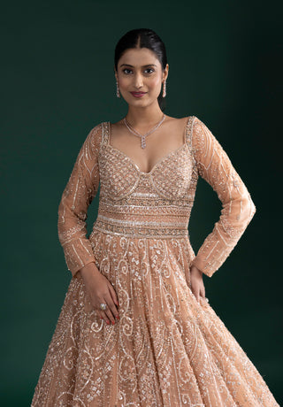 Nude Beige Full Sleeve Flared Gown with Swirl Embroidery