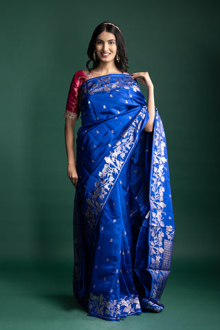 Imperial Sapphire Blue Raw Mango Silk Saree with Moonlit Silver Floral Brocade