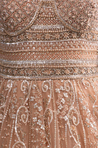 Nude Beige Full Sleeve Flared Gown with Swirl Embroidery