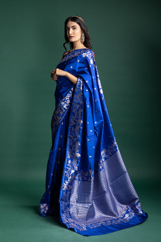 Imperial Sapphire Blue Raw Mango Silk Saree with Moonlit Silver Floral Brocade