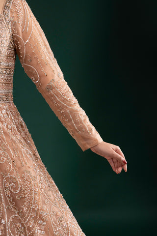Nude Beige Full Sleeve Flared Gown with Swirl Embroidery