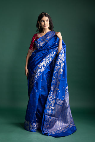 Imperial Sapphire Blue Raw Mango Silk Saree with Moonlit Silver Floral Brocade