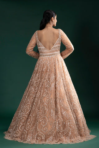 Nude Beige Full Sleeve Flared Gown with Swirl Embroidery