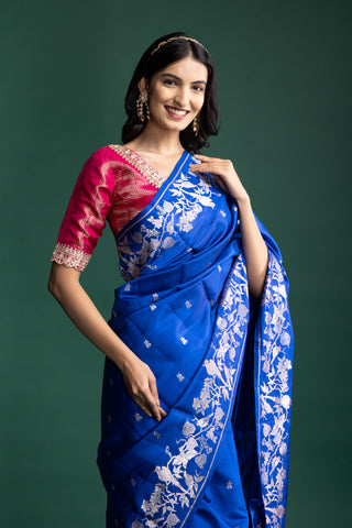 Imperial Sapphire Blue Raw Mango Silk Saree with Moonlit Silver Floral Brocade