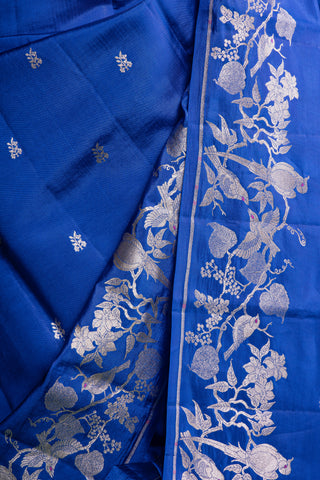 Imperial Sapphire Blue Raw Mango Silk Saree with Moonlit Silver Floral Brocade