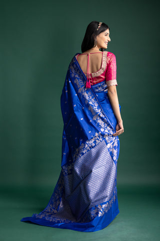 Imperial Sapphire Blue Raw Mango Silk Saree with Moonlit Silver Floral Brocade