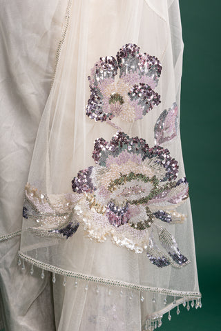 Crystal Ivory Designer Saree with Pastel Embellished Blouse
