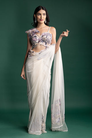 Crystal Ivory Designer Saree with Pastel Embellished Blouse