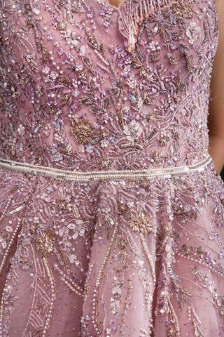 Dusky Mauve Pink Flared Gown with All-Over Shimmer Sequin Detailing for Effortless Glamour