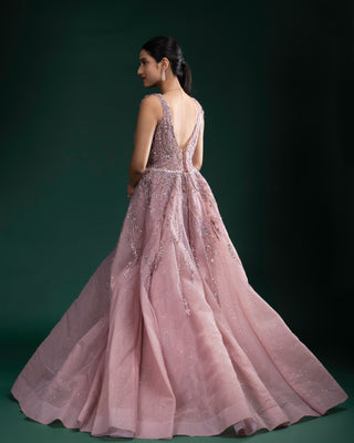 Dusky Mauve Pink Flared Gown with All-Over Shimmer Sequin Detailing for Effortless Glamour