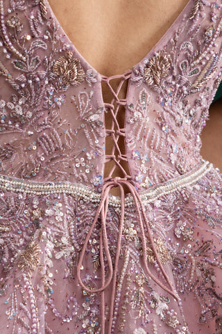 Dusky Mauve Pink Flared Gown with All-Over Shimmer Sequin Detailing for Effortless Glamour