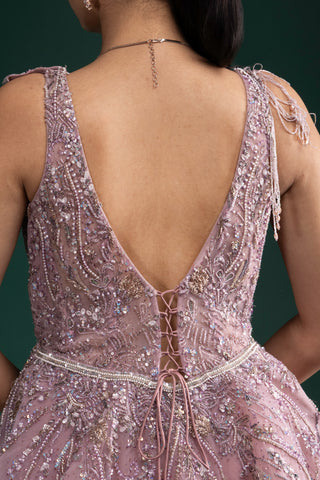 Dusky Mauve Pink Flared Gown with All-Over Shimmer Sequin Detailing for Effortless Glamour