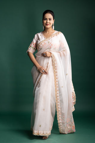 Ivory Organza Saree with Pastel Floral Embroidered Borders