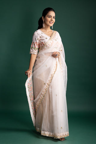 Ivory Organza Saree with Pastel Floral Embroidered Borders