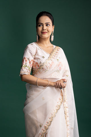 Ivory Organza Saree with Pastel Floral Embroidered Borders